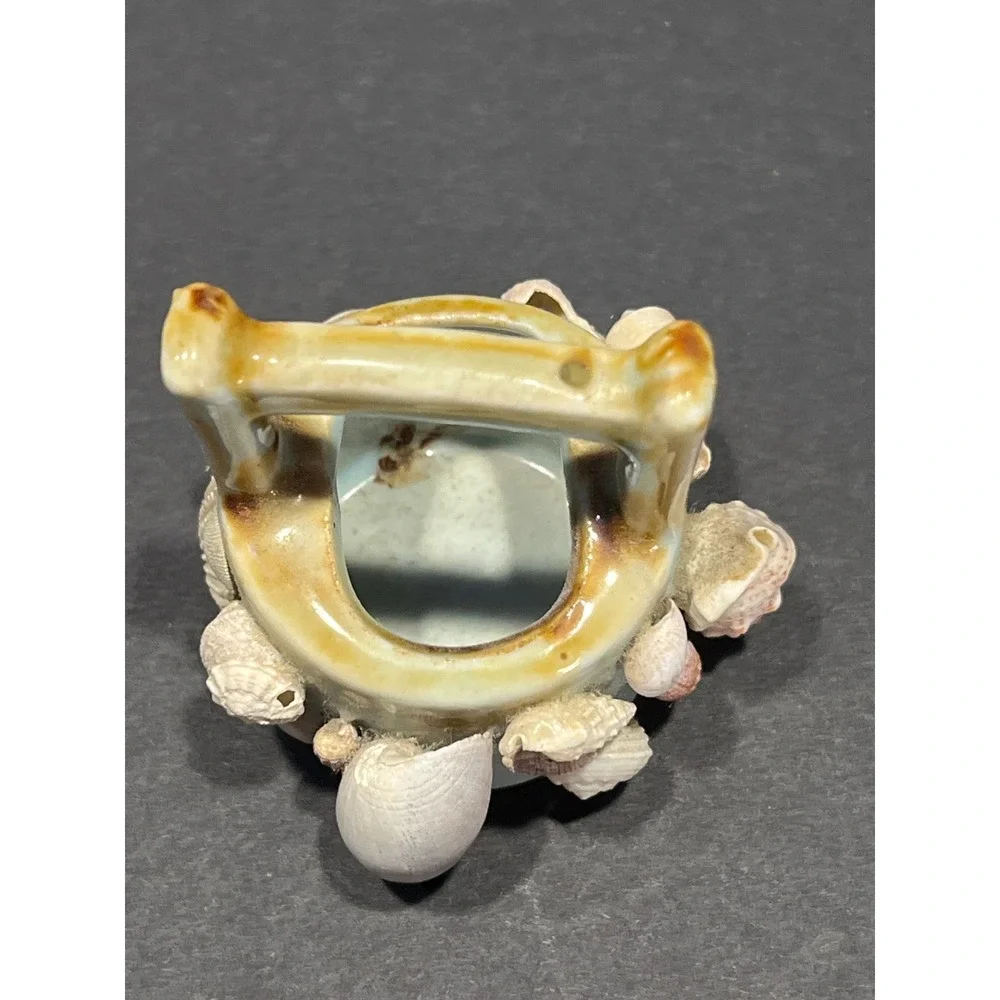 Vintage Miniature Shell Encrusted Ceramic Basket Coastal Beach Decor Trinket Cup